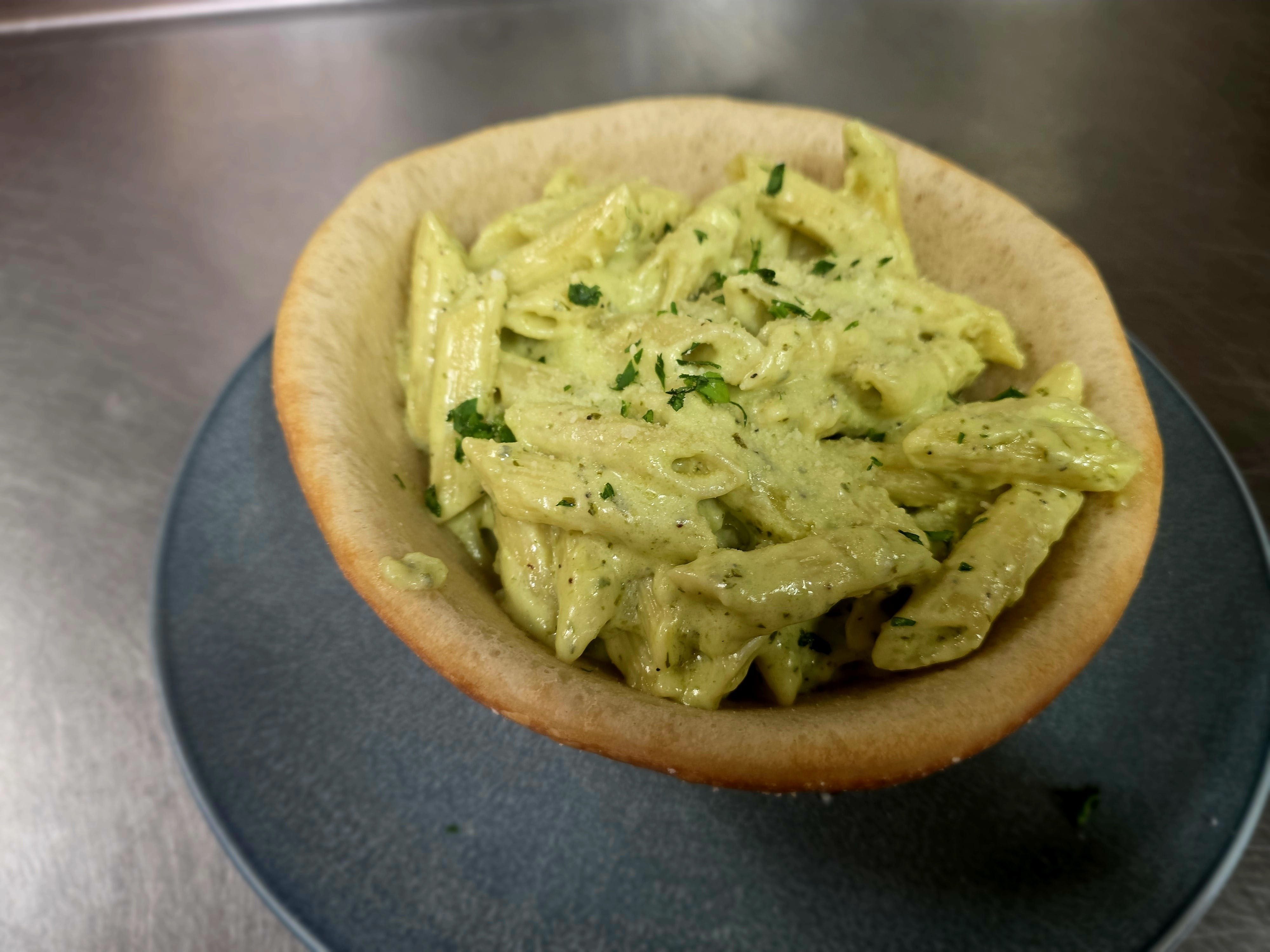 Pesto Pasta Bread Bowl.