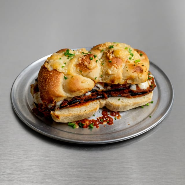 Eggplant Parmesan Garlic Knot Sandwich.